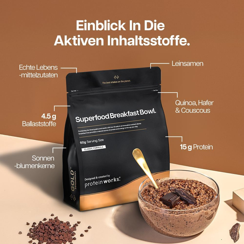 Funciona con proteínas | Superfood Breakfast - GOLD Innovation, Cereal galardonado, Muesli proteico, rico en nutrientes con cereales, semillas y avena, alto en fibra, manzana y canela, 10 porciones, 600 g