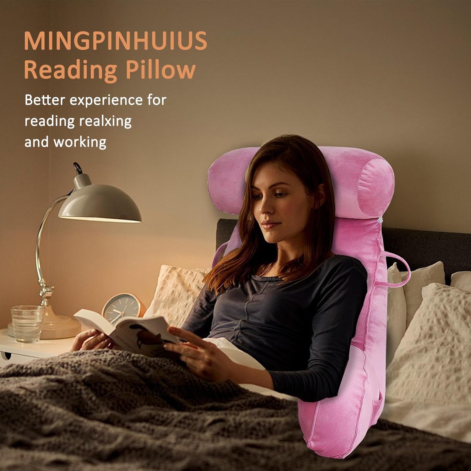 Almohada de lectura XL para cama y sofá con rollo para el cuello desmontable, almohada de espalda ideal para adultos con espuma viscoelástica para leer cómodamente, trabajar, jugar, mirar televisión, relajarse (rosa)