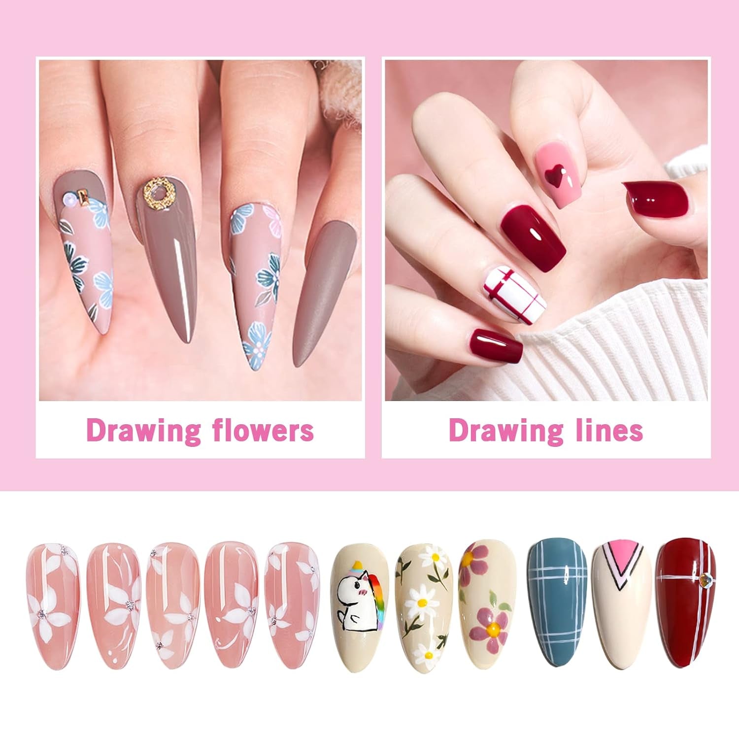 Sularpek Nail Art Liner Pinsel, 5 Stück Profi Detail Fine Nails Gel Nail Brush, Nagel Pinsel Dünn Für Beauty Frauen Nagelstudio (5 tamaños, Rosa)
