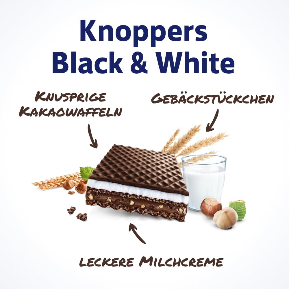 Blanco y Negro – 2 x 200 g (2 x 8 piezas) – Lonchas de barquillo rellenas de barquillos de cacao oscuro, trozos de masa negra, leche y crema de turrón