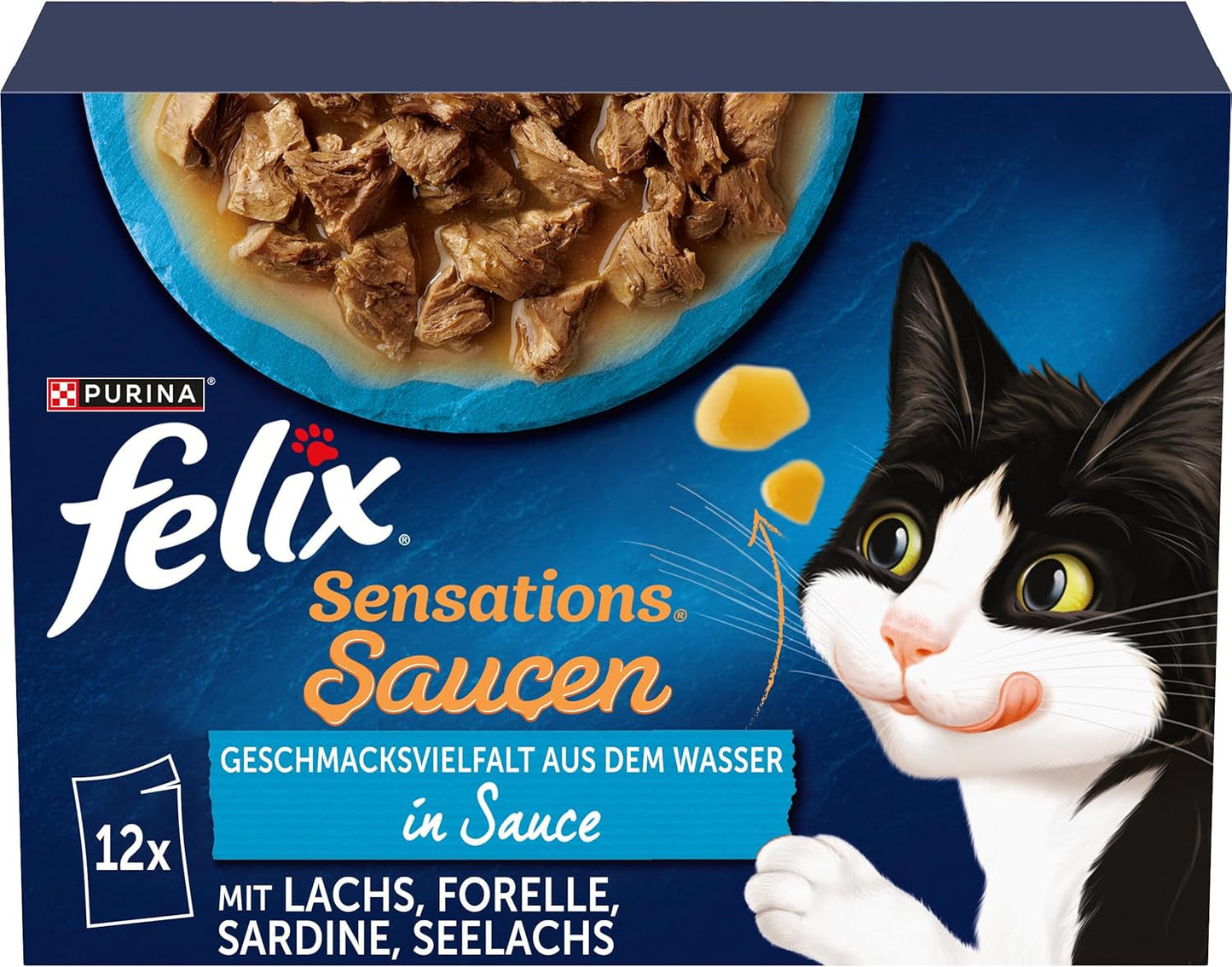 Felix Sensations Sauces Comida húmeda para gatos, mezcla de pescado variada, paquete de 6 (6 x 12 sobres de 85 g cada uno)