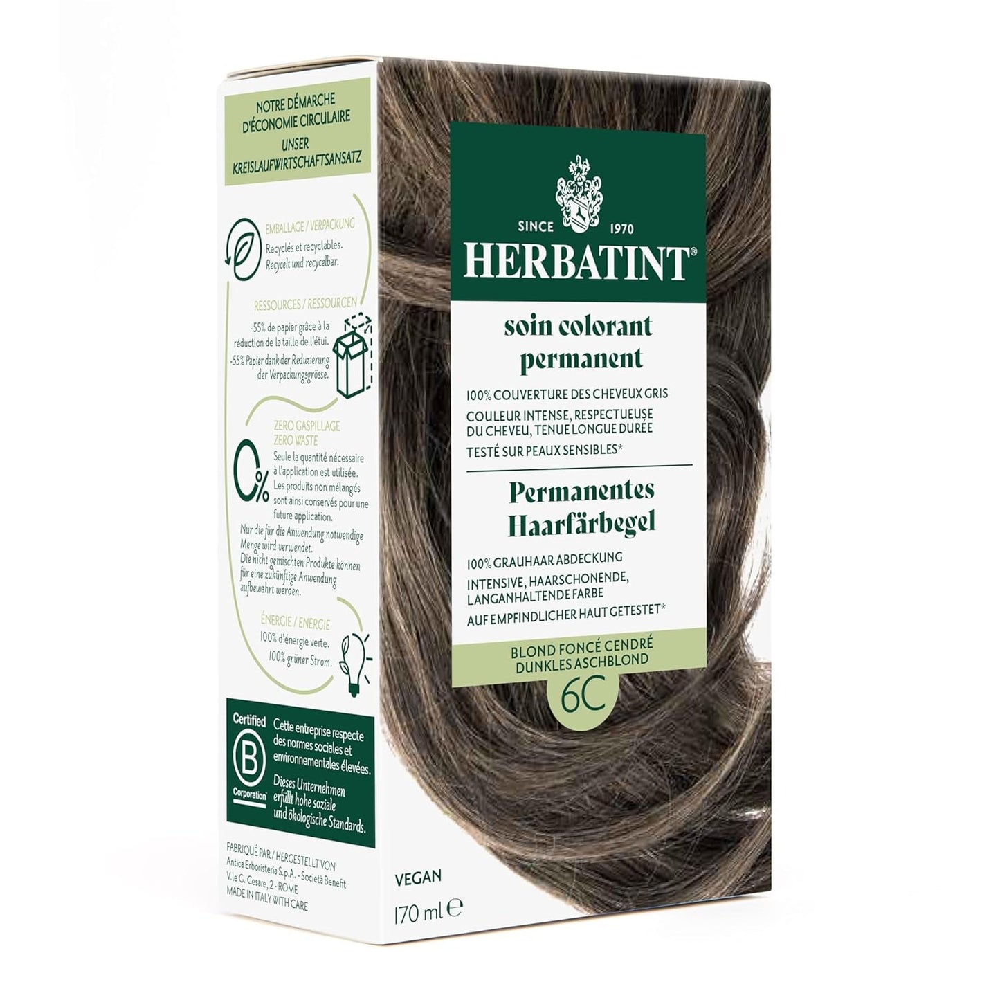 Tinte Permanente en Gel 6N Rubio Oscuro - 170ml I Sin amonia, cobertura 100% de las canas I Probado en pieles sensibles, con 8 extractos de plantas Naty Shop Tinte para el cabello 6C Rubio Gris Oscuro