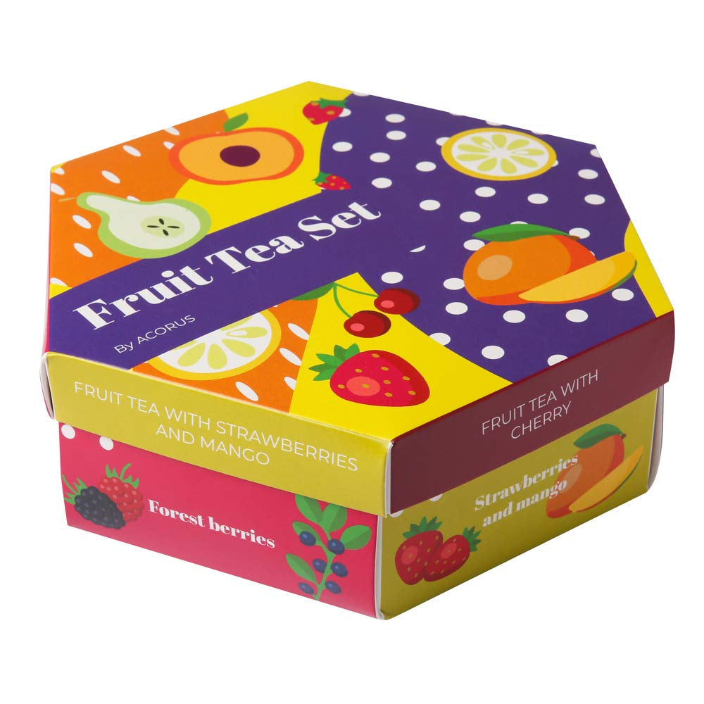 ACORO | Juego de té de frutas de lujo | Set de regalo con tés naturales en 6 sabores | Infusiones, infusiones de frutas | Surtido de tés | Caja de té con 60 bolsitas de té.