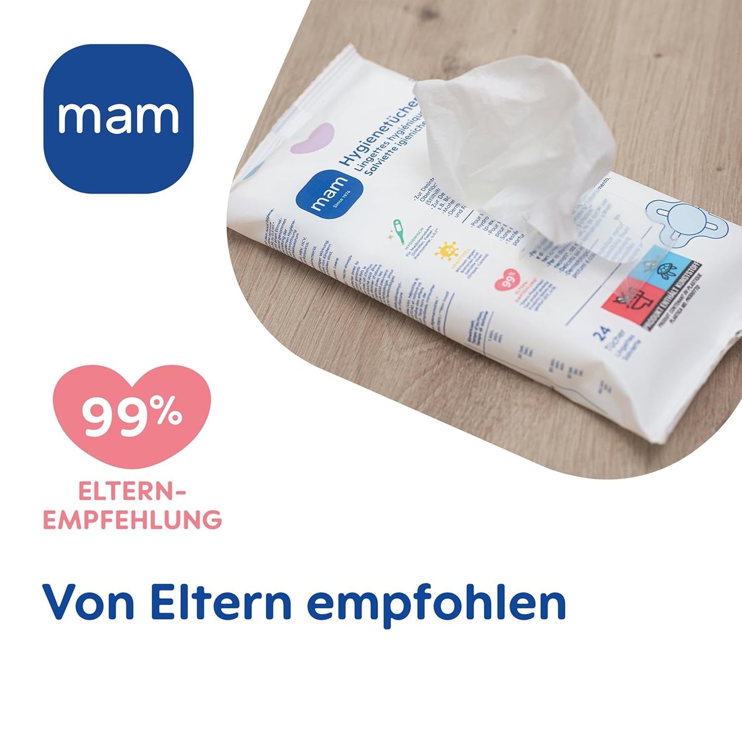 MAM Servilletas Sanitarias Paquete de 3 (3 x 24 Piezas), Toallitas de Limpieza para Dispositivos Médicos y Accesorios para Bebés, Servilletas Sanitarias Antibacterianas y Antivirus