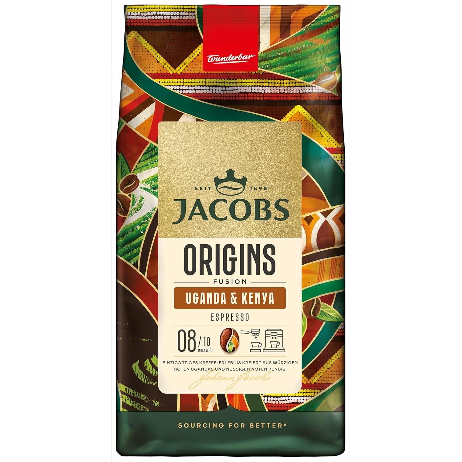 Jacobs Origins Café en granos de Uganda y Kenia, espresso con mucho cuerpo y una nota especiada, concentración 8/10, granos de café enteros, 1 kg