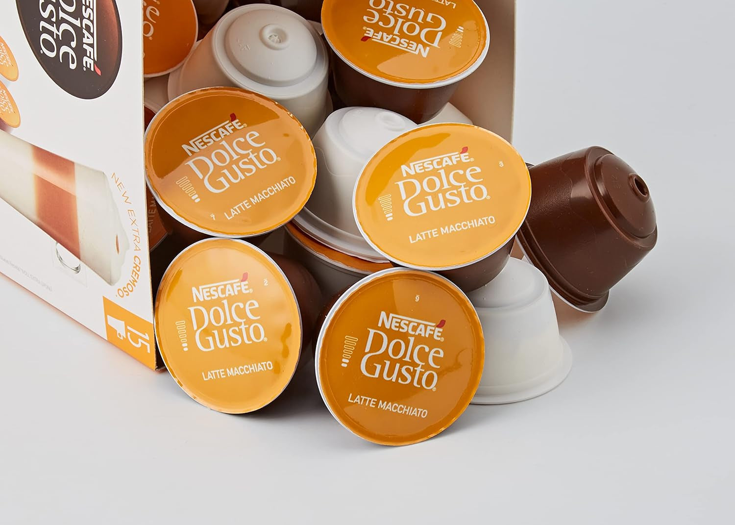 NESCAFÉ Dolce Gusto Latte Macchiato Vorratsbox 90 cápsulas de café y Flat White, 48 cápsulas de café, Arábica y Robusta Bohnen