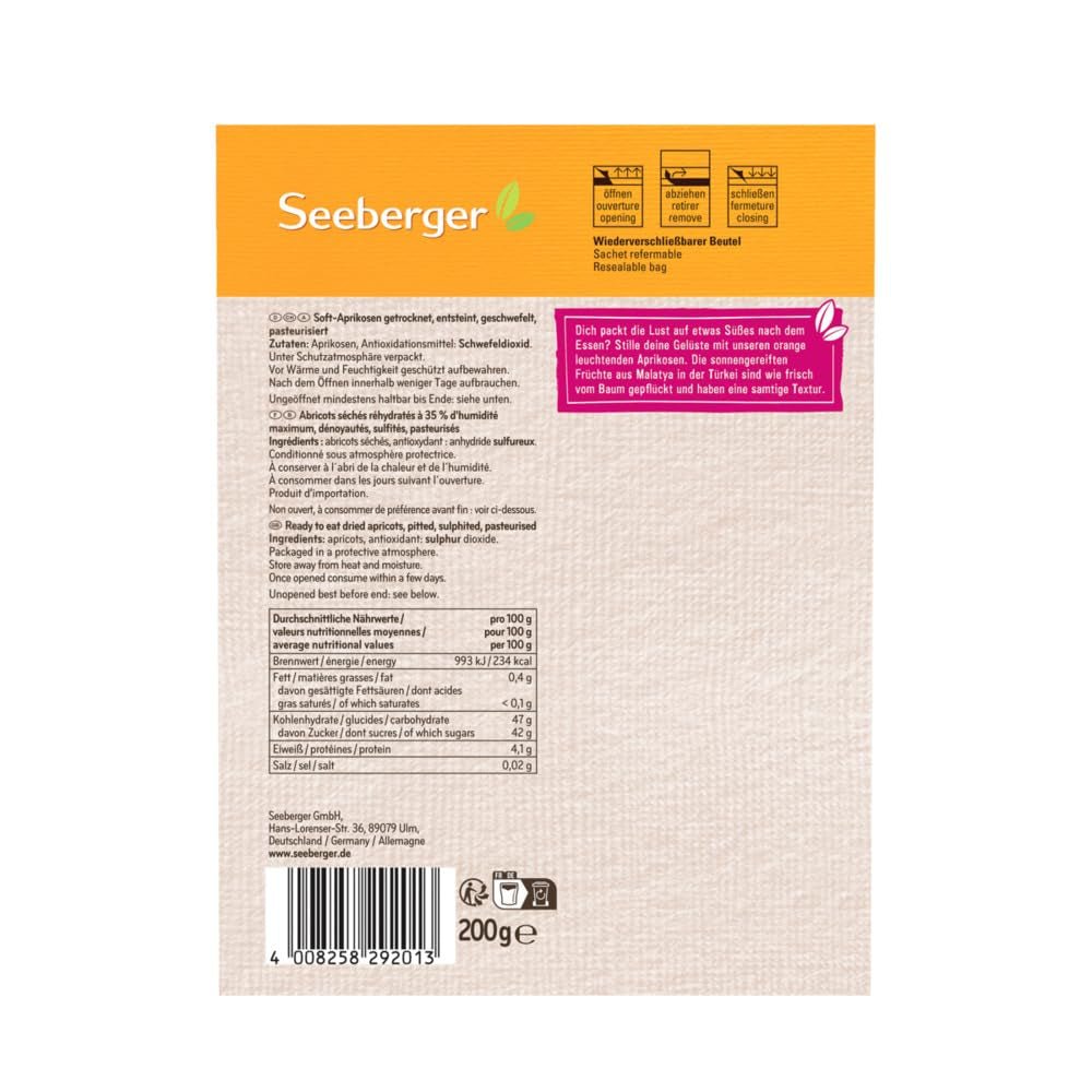 Seeberger Soft Apricots: Albaricoques deliciosamente suaves y jugosos - textura dulce y aterciopelada - sin azúcares añadidos - secos - sin hueso, veganos (1 x 200g) Productos deshidratados Naty Shop