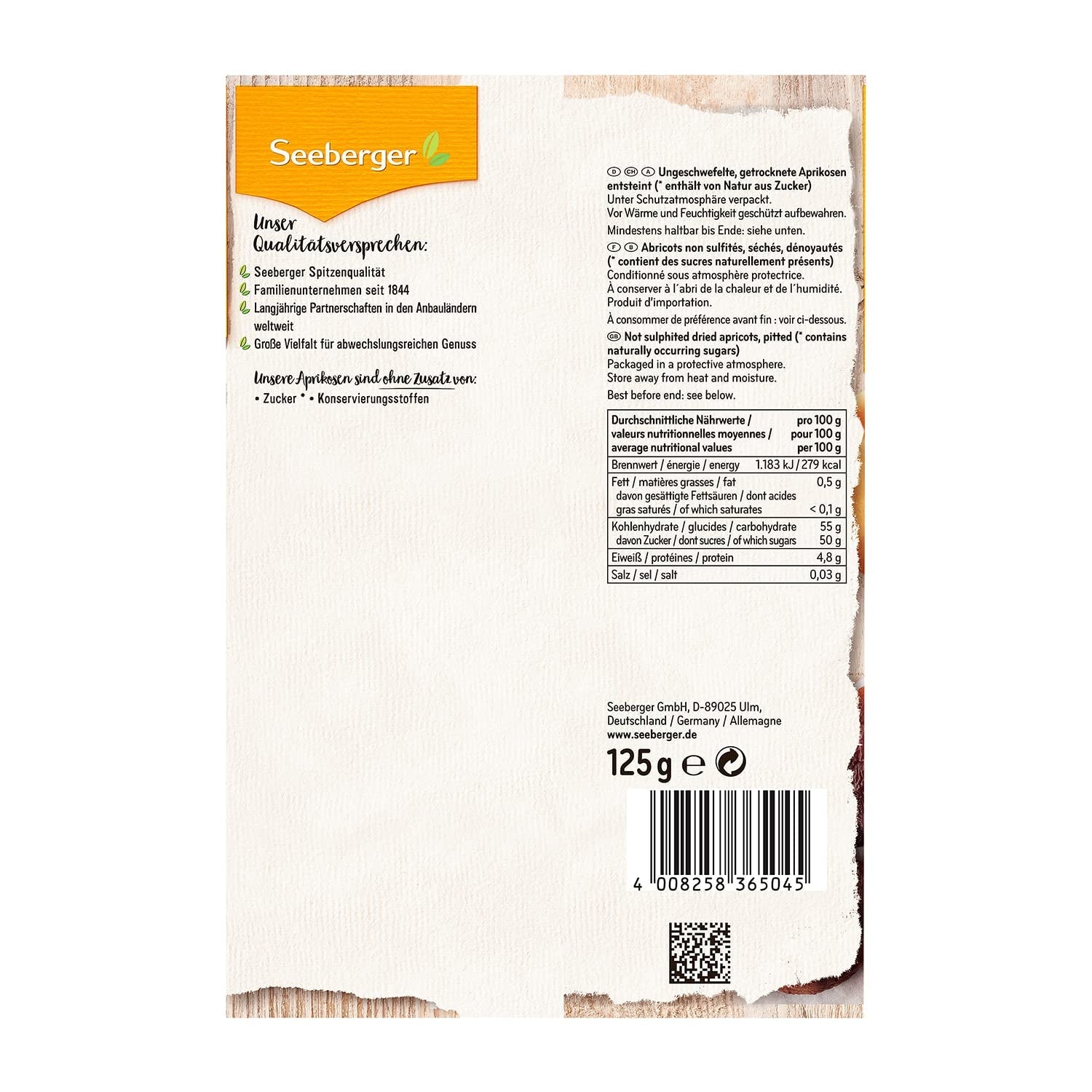 Seeberger Albaricoques sin azufre: Orejones sin tratar con sabor dulce y afrutado - sin azúcares añadidos - sin hueso, vegano (1 x 125g) Naty Shop Productos Deshidratados