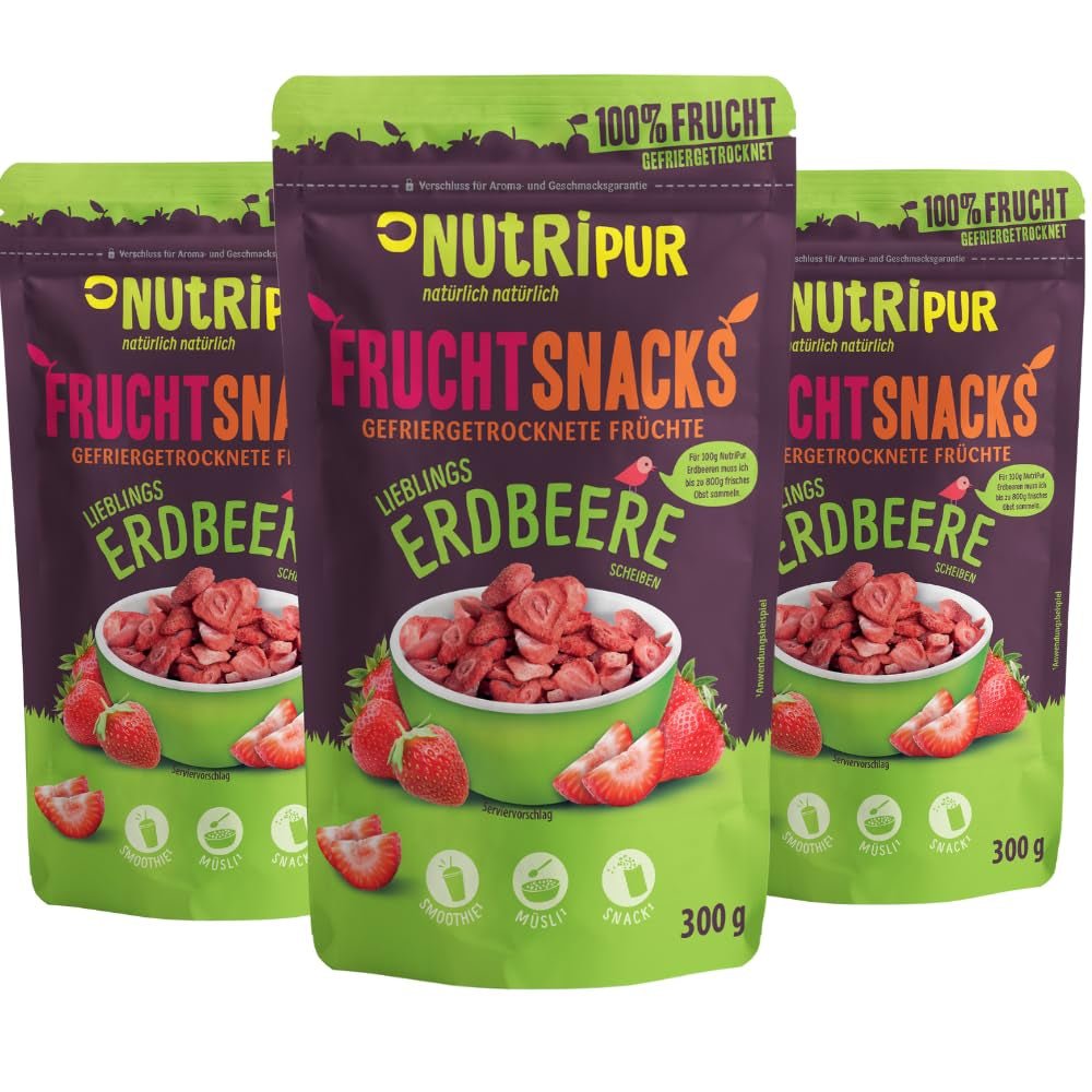 Fresas Liofilizadas 300g: Fresas Secas en Rodajas Sin Azúcar - Pura Fruta Fresas Liofilizadas Llenas de Sabor: Bayas Liofilizadas - NUTRIPUR Frutos Secos Naty Shop Productos Deshidratados 300G (Pack de 3) Fresas