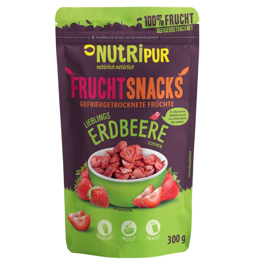 Fresas liofilizadas 300g: rodajas de fresas secas sin azúcar - Fresas liofilizadas con pura fruta, llena de sabor: frutos rojos liofilizados - Frutos secos NUTRIPUR Productos deshidratados Naty Shop 300 G (1 paquete) Fresas