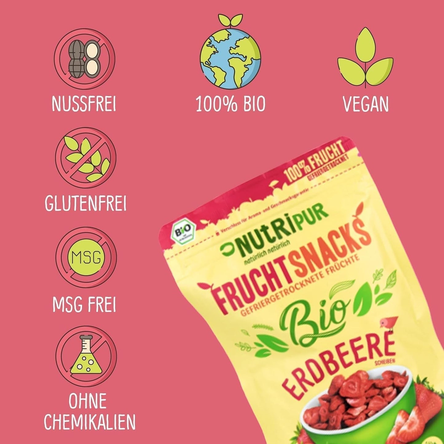 Fresas liofilizadas ecológicas: 70g de fresas secas para smoothie bowls, muesli, toppings de gachas - frutos rojos liofilizados sin azúcares añadidos - fresas liofilizadas - frutas NutriPur Productos deshidratados Naty Shop
