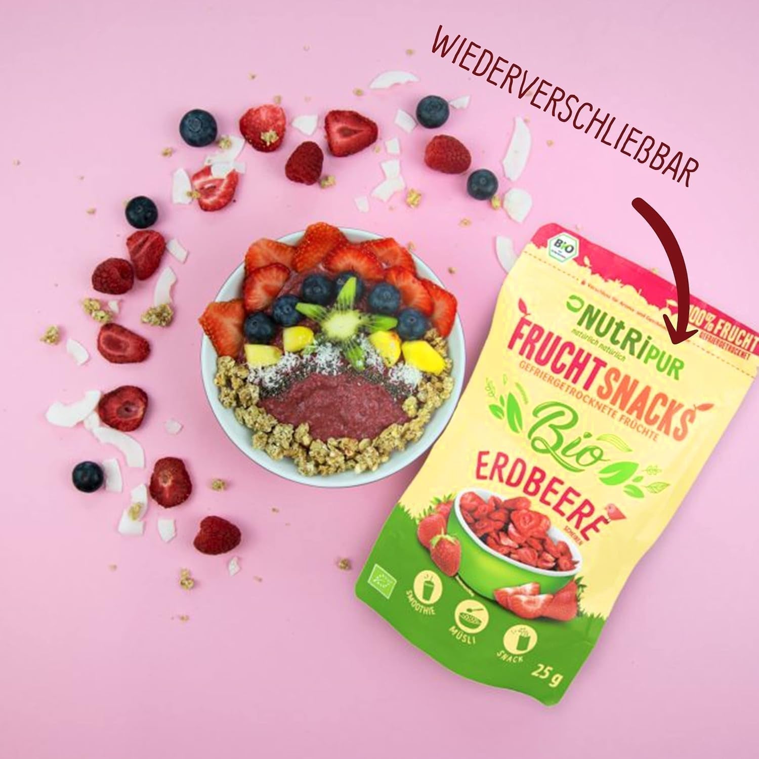 Fresas liofilizadas ecológicas: 70g de fresas secas para smoothie bowls, muesli, toppings de gachas - frutos rojos liofilizados sin azúcares añadidos - fresas liofilizadas - frutas NutriPur Productos deshidratados Naty Shop