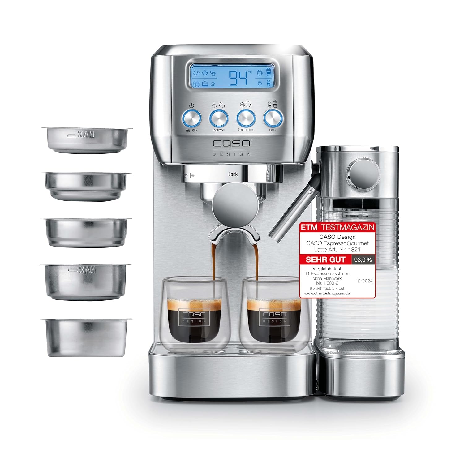 CASO EspressoGourmet Crema - Cafetera espresso portafiltro con espumador de leche, espresso, capuchino, portafiltro de acero inoxidable, bomba ULKA 20 bar, cafetera, café molido, cápsulas ESE