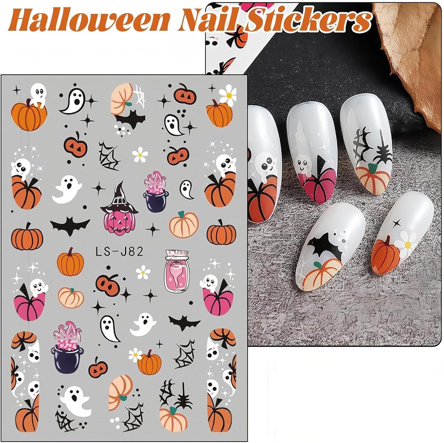 Nagelsticker Halloween, 8 Blätter Halloween Nagelsticker, Kürbis Nail Sticker, Nail Art, Nagel Charms, Nagel Zubehör, Nageldesign, Navidad (Typ A)