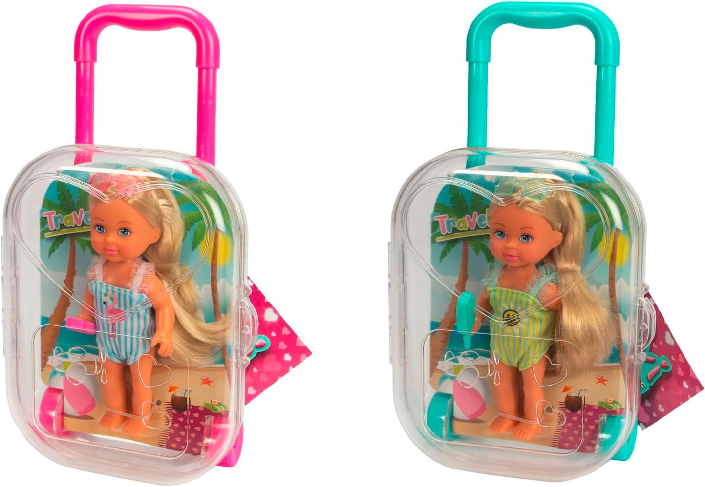 Simba Evi Love Travel, 2 modelos surtidos, Solo se entregará UN artículo, Muñeca en una maleta con ruedas, Lleva un traje de baño con volantes, Incluye gafas de sol y helado, 12 cm, Edades 3+