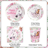 Juego de fiesta de 51 piezas, platos y vasos de papel de caballo rosa, servilletas, decoración de mesa de cumpleaños para niños y niñas