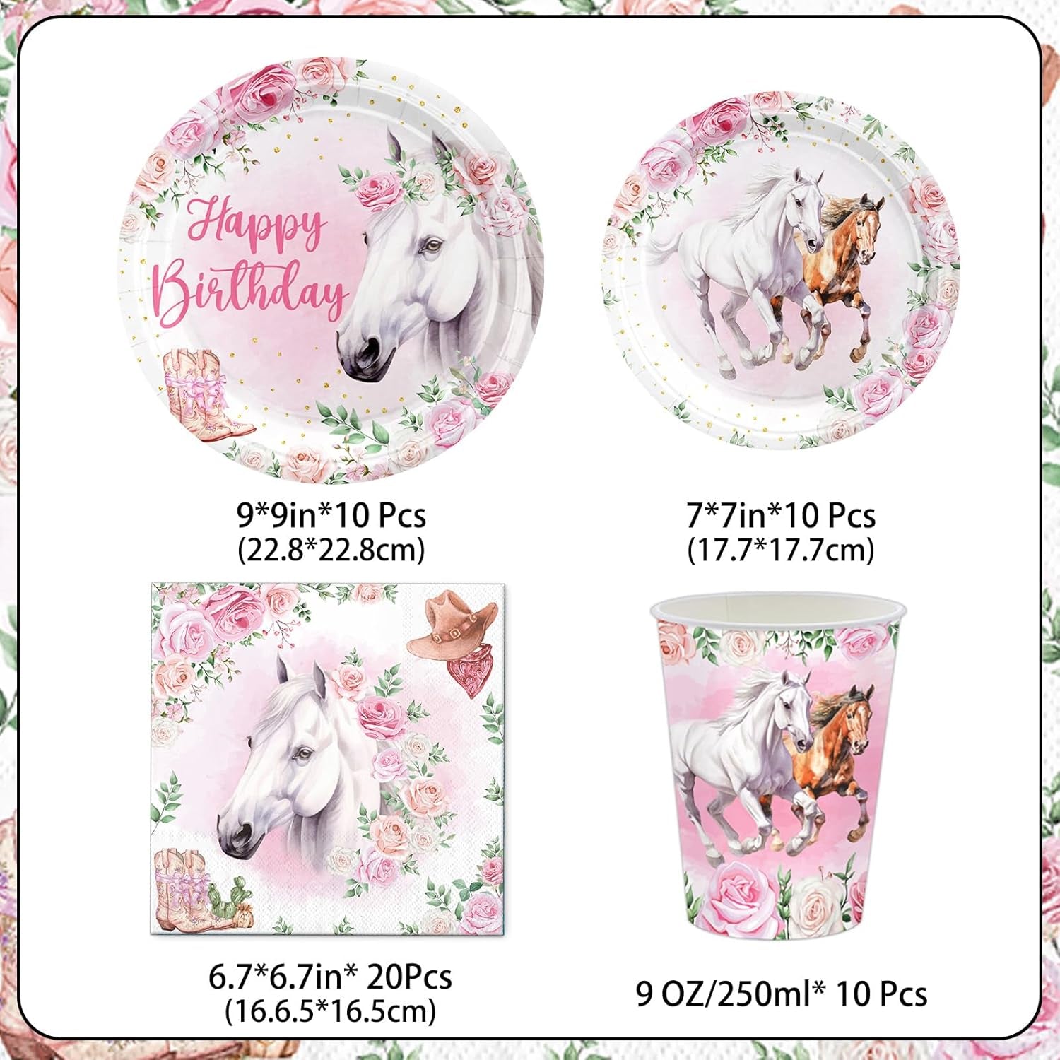 Juego de fiesta de 51 piezas, platos y vasos de papel de caballo rosa, servilletas, decoración de mesa de cumpleaños para niños y niñas