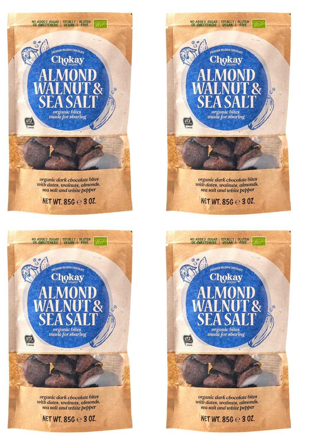 Juego de 4 bocados orgánicos - Almendras con canela/Almendras con canela en chocolate amargo belga/Sin azúcar añadido, sin edulcorantes/VEGANO Y DE COMERCIO JUSTO / 4 x 85 g