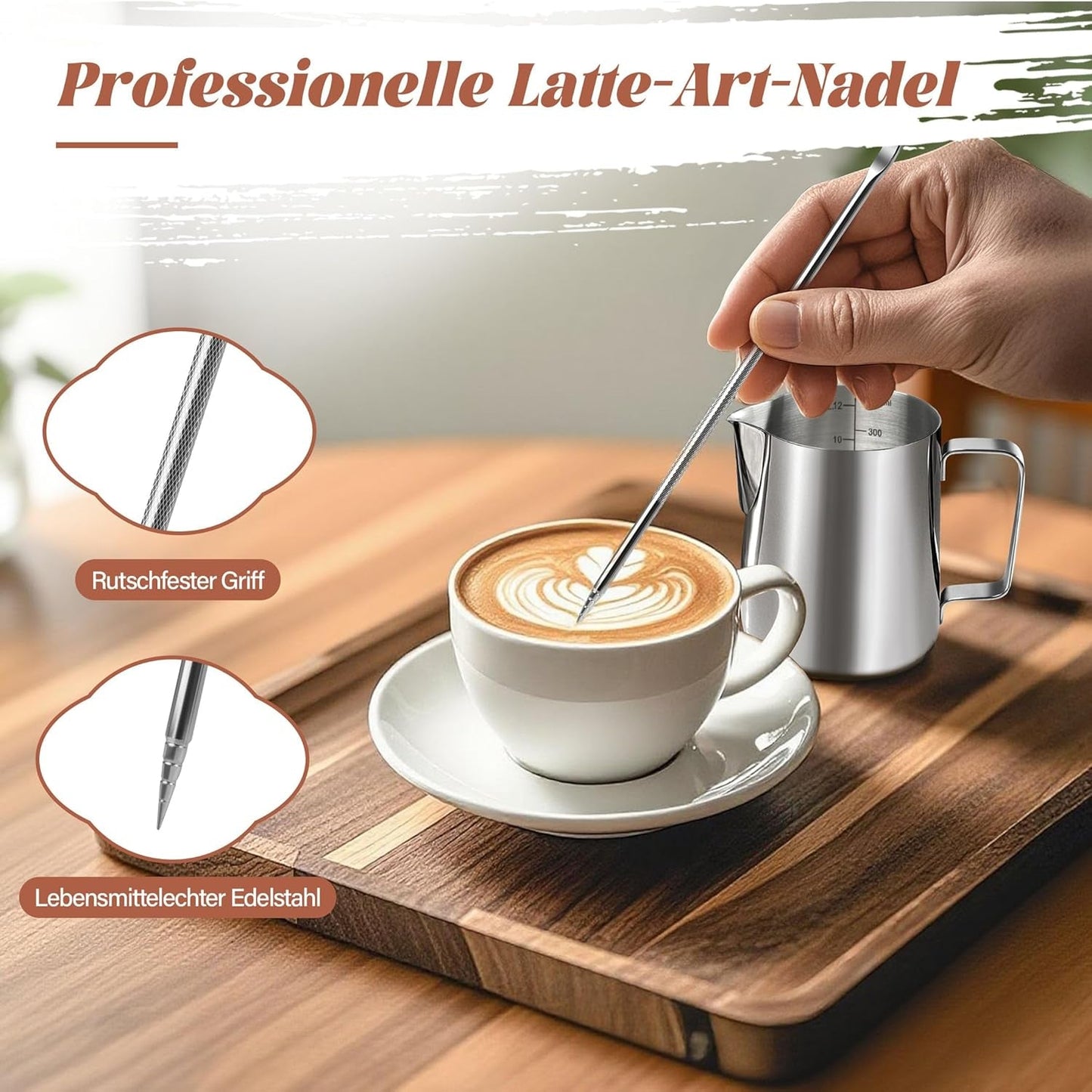 Taza de Leche, Taza de Leche de Acero Inoxidable de 350 ml con Marca medidora, Accesorio de Barista, Taza de Leche para Capuchino, Espresso, Latte Art, Amantes del café, Plata, 355 ml