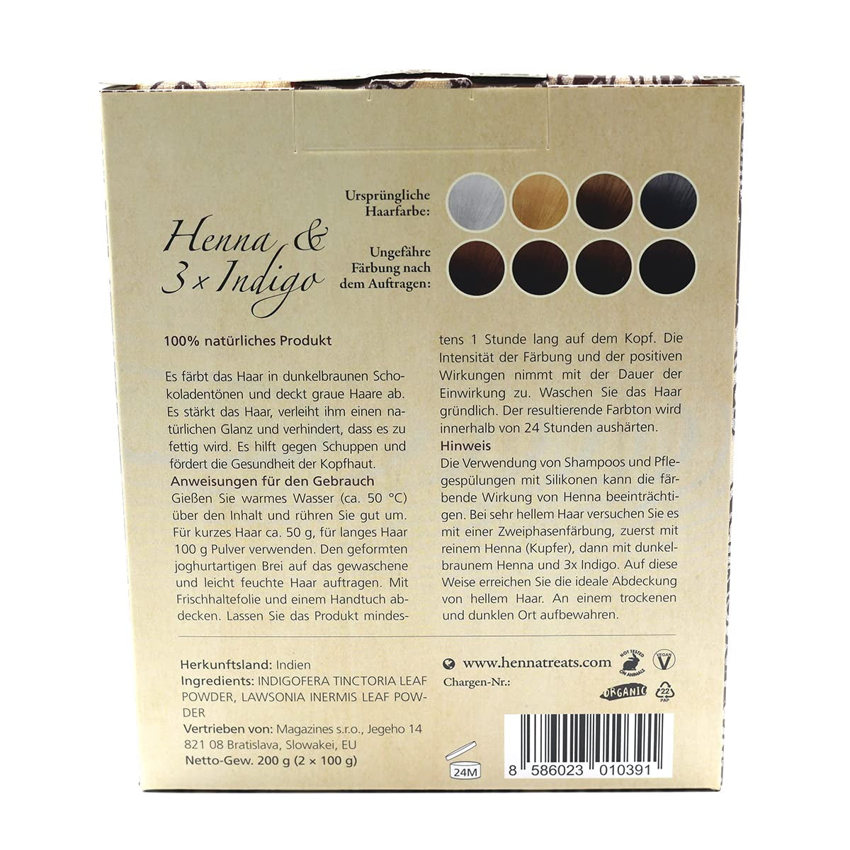 Henna & 3×Indigo - Castaño oscuro - Color natural - Polvo - 200g Tinte para el cabello Naty Shop