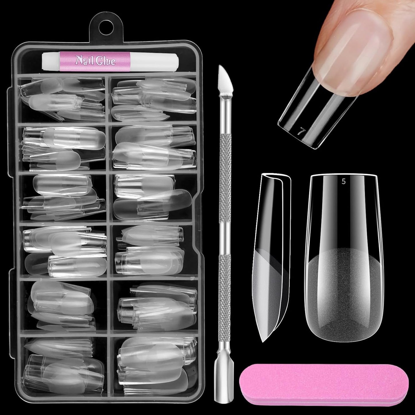 Uñas cortas de cubierta completa, 120 piezas, 12 tamaños, puntas de uñas cortas para uñas de gel, pegamento en uñas artificiales, pegamento en lima de uñas, pulidor de uñas, empujador de cutículas