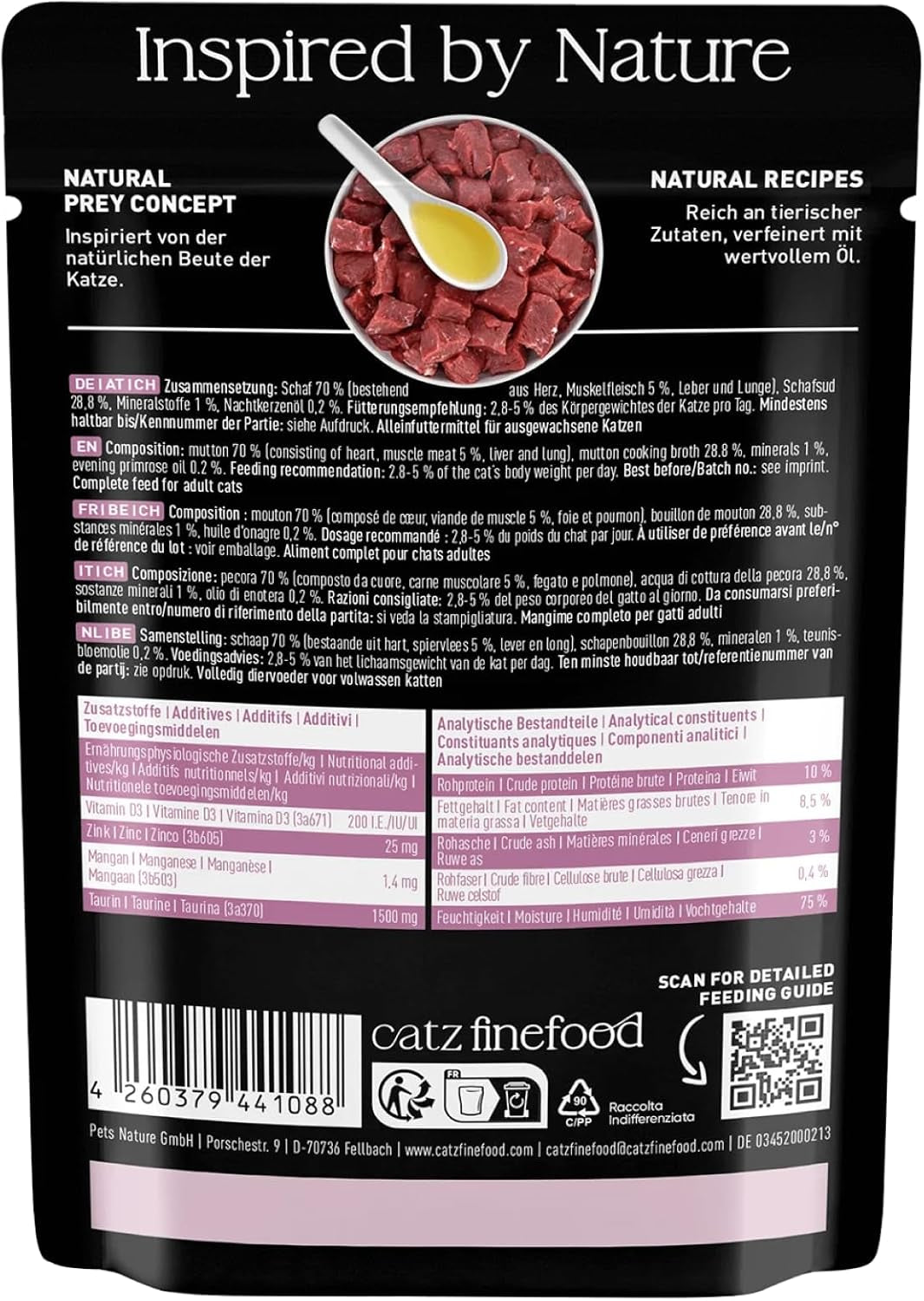 Comida húmeda para gatos Catz Finefood Purrrr Oveja Monoproteína núm. 113, para gatos con digestión sensible, 70% de contenido de carne, 16 sobres de 85 g cada uno