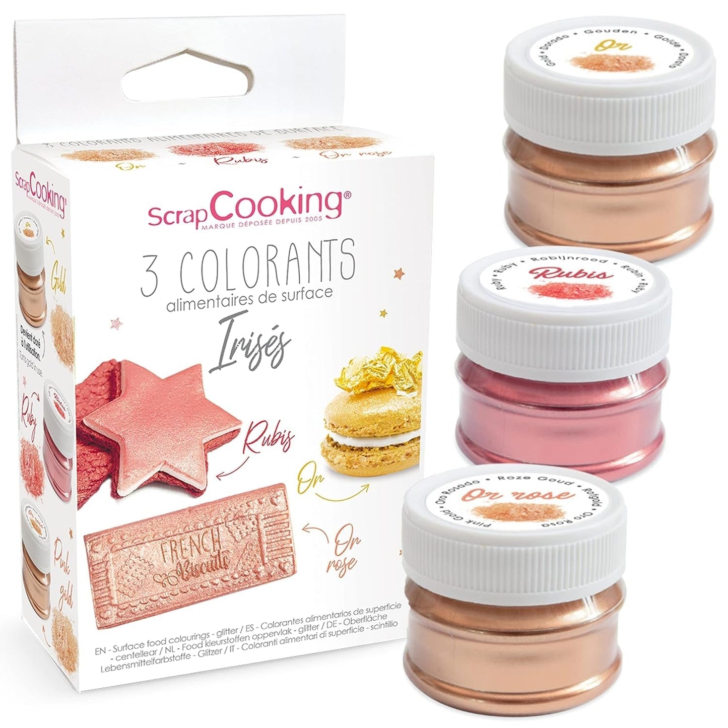 Scrapcooking - Juego de 3 colorantes alimentarios metálicos - Colorante alimentario: oro, oro rosa y rubí - Colorante alimentario comestible para hornear, pasteles, galletas, tartas, chocolate - 4019