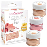 Scrapcooking - Juego de 3 colorantes alimentarios metálicos - Colorante alimentario: oro, oro rosa y rubí - Colorante alimentario comestible para hornear, pasteles, galletas, tartas, chocolate - 4019