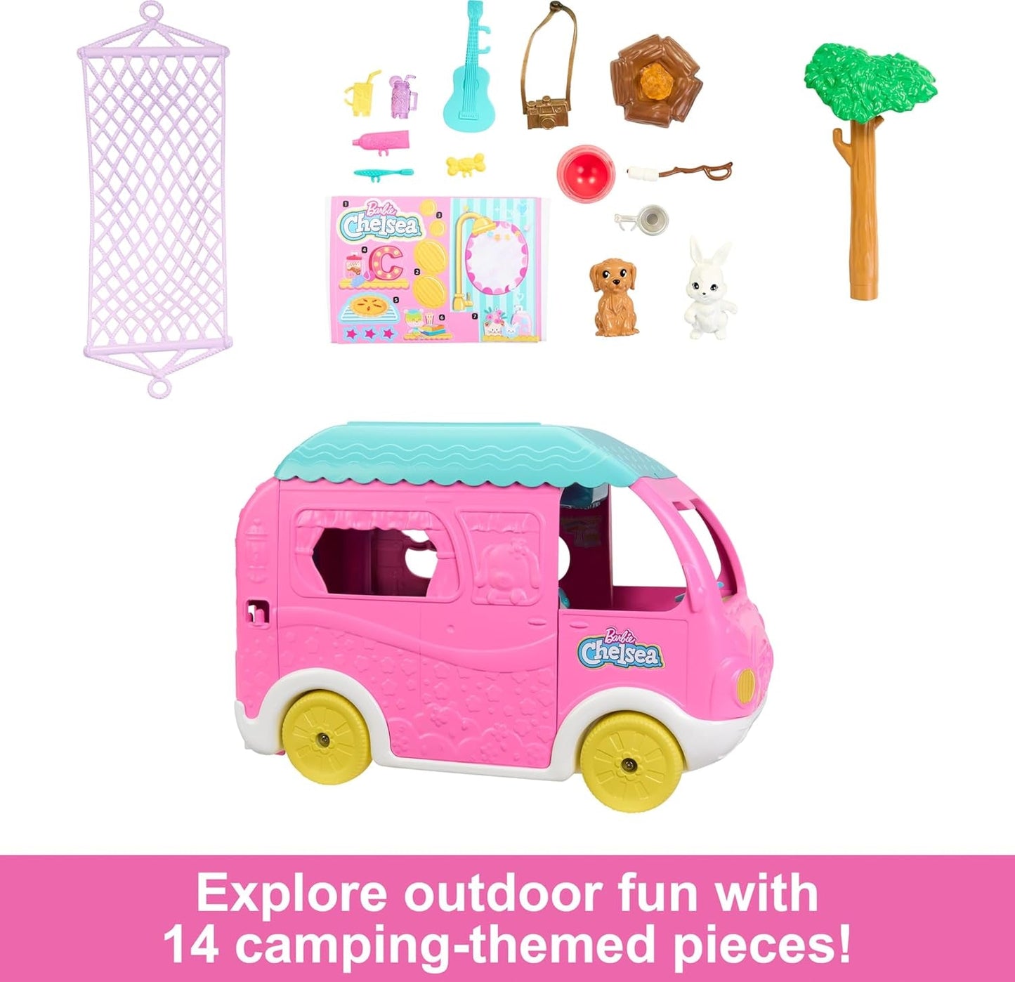 Caravana Barbie Chelsea 2 en 1: vehículo de juguete con piscina, hamaca y comedor para juegos imaginativos y cuentos, a partir de 3 años, HNH90