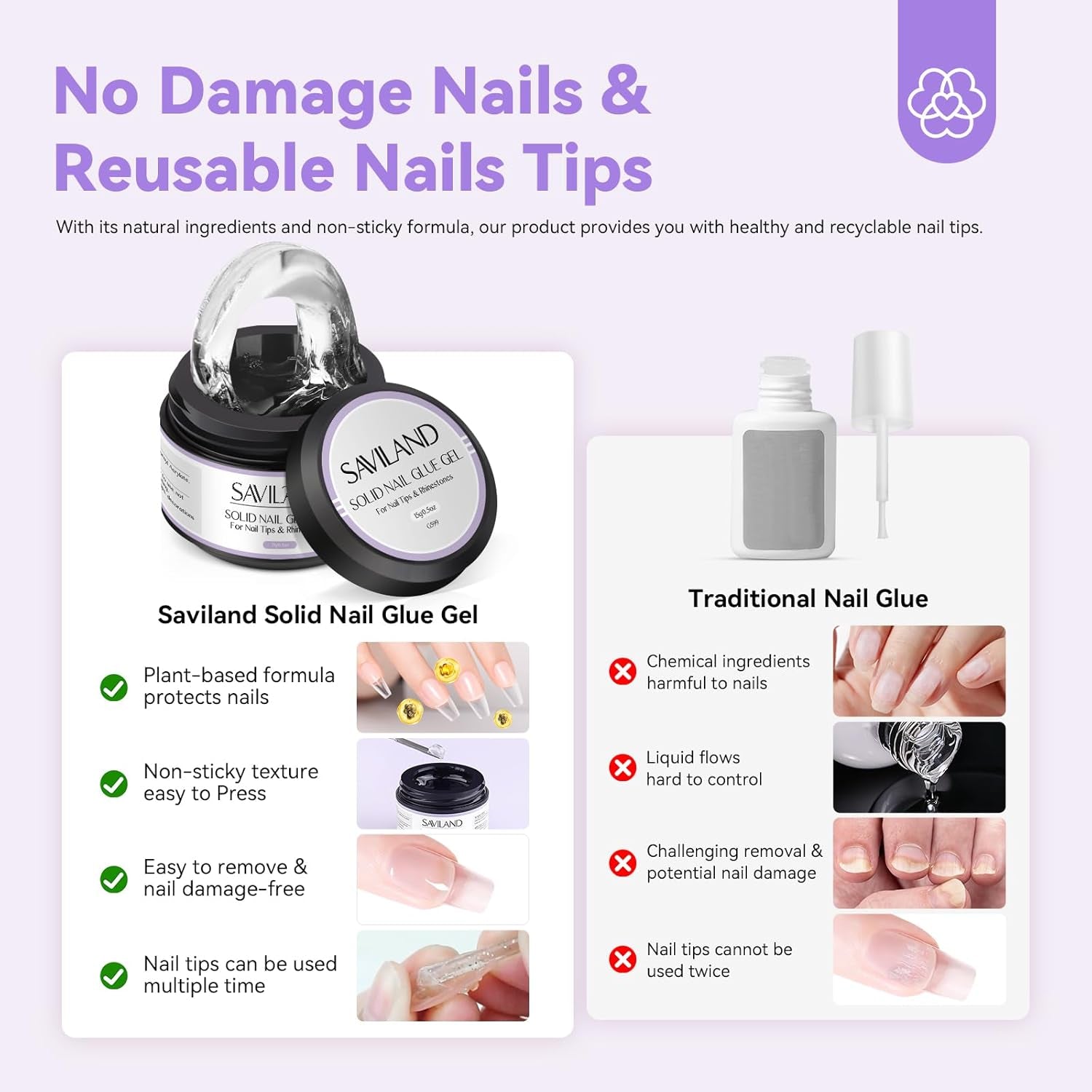 Pegamento sólido para puntas de uñas Saviland: 2 piezas 15G Pegamento para uñas artificiales Pegamento extra fuerte Presione en las uñas Pegamento UV Gel Pegamento para uñas para mujeres Salón en casa DIY Lámpara UV/LED curada