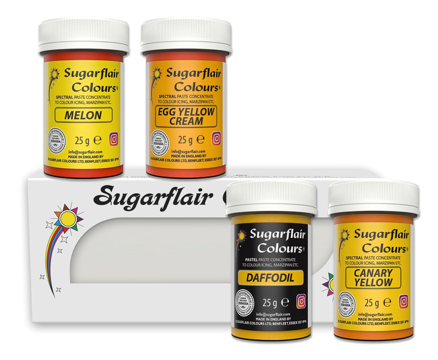 Sugarflair pasta colorante alimentario amarillo juego de 4 pasta colorante alimentario fondant mazapán pasta de azúcar crema de mantequilla y más: narciso amarillo canario crema huevo melón juego de 4