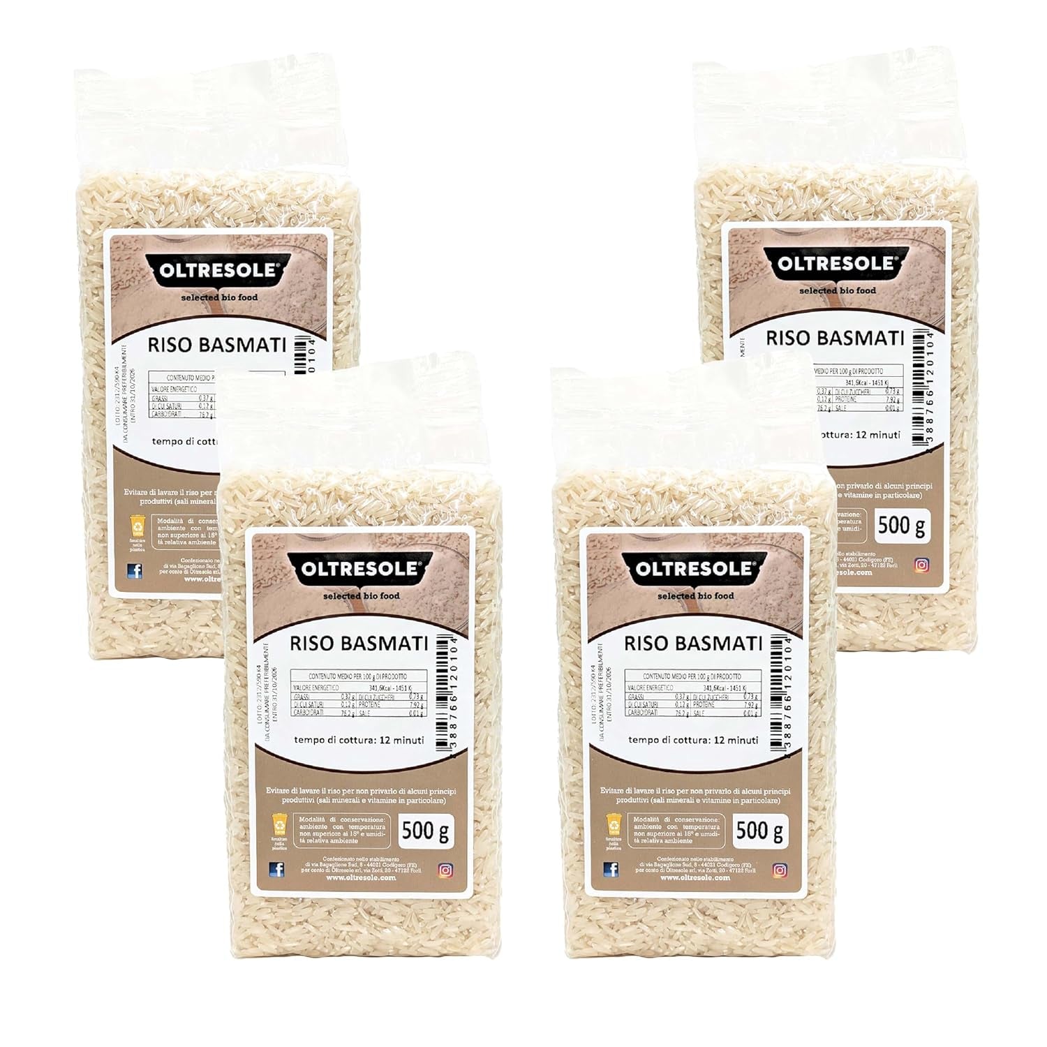 Arroz Italiano Integral, Arroz Sin Refinar Rico en Fibra, Ideal para Ensaladas de Arroz Creativas y Platos Saludables, Envasado al Vacío, 4 Paquetes x 500g