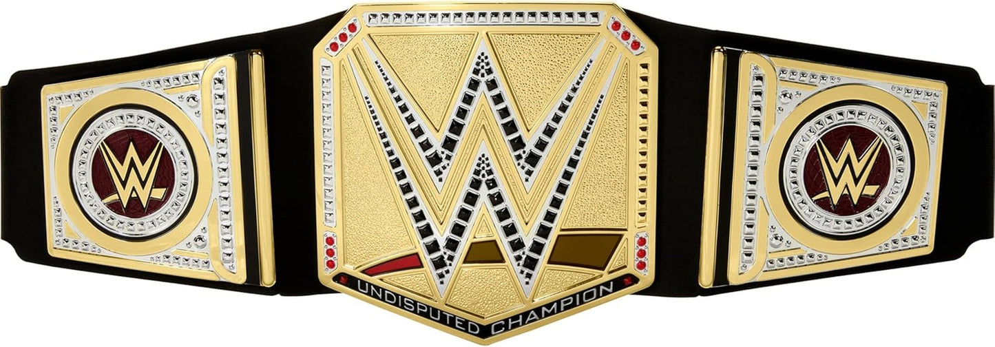 Mattel Mattel Cinturón de campeonato de la WWE, disfraz y juego de rol del campeonato universal de la WWE indiscutible, aprox. Cinturón de piel sintética de 100 cm de largo con ajuste único, HYJ35 Figuras de acción Tienda Naty Título predeterminado