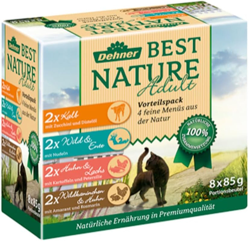 Dehner Best Nature Katzenfutter Multipack, Nassfutter, para gatos ausgewachsene, je 2 x Kalb / Wild / Huhn / Kaninchen, 8 x 85 g Bolsa (680 g)