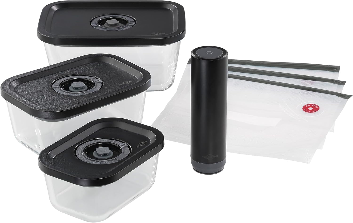 Set de vacío Küchenprofi EASYFRESH | Conjunto de 7 piezas | 1x bomba de vacío eléctrica, 1x vaso de vacío S, M y L, 3x bolsas de vacío 22x21 cm | vidrio de borosilicato, plástico de alta calidad | preparación y conservación Cajas para guardar alimentos Naty Shop Set aspirador 7 piezas