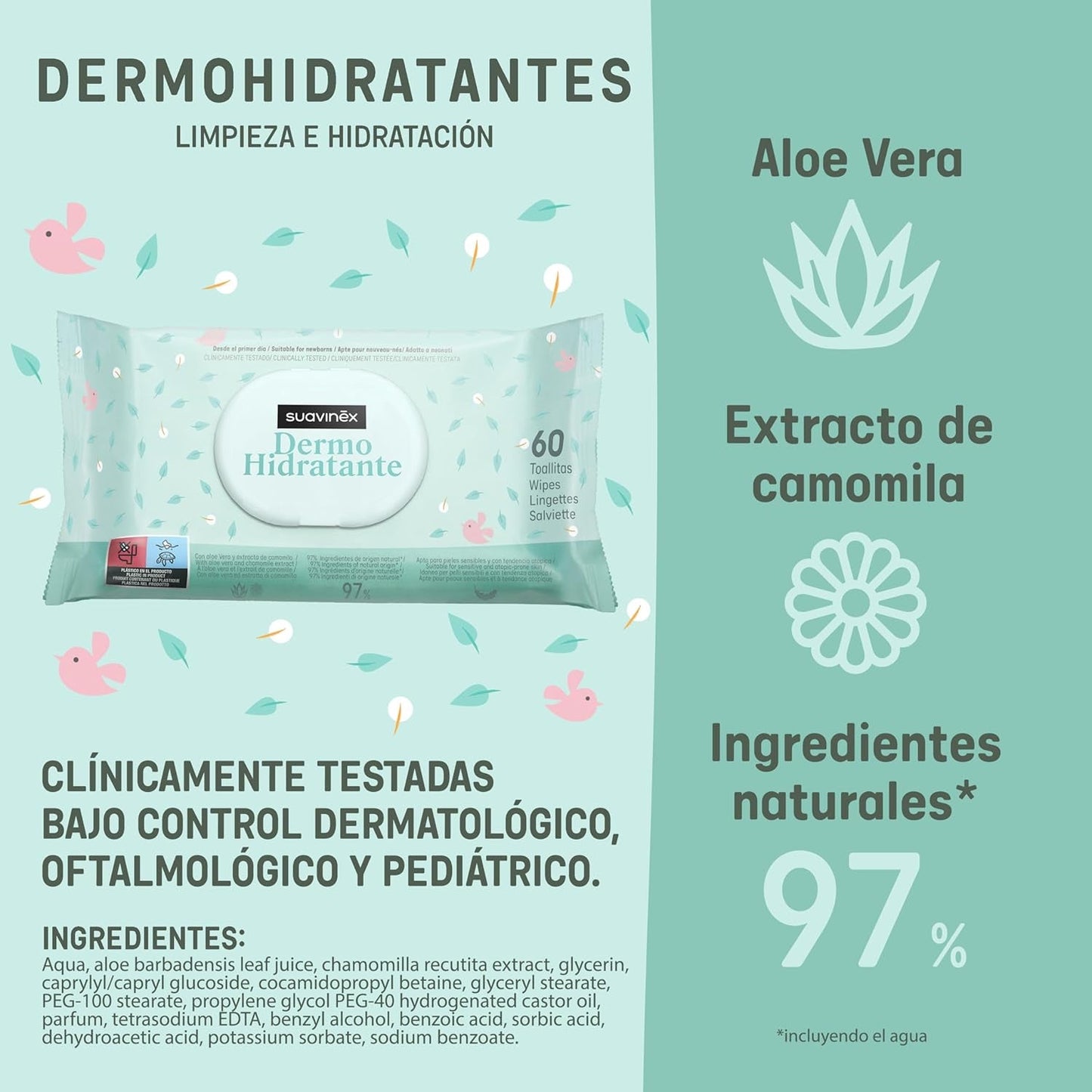 Suavinex 14 Pack de 60 Toallitas Húmedas para Bebé (840 Toallitas en Total), Hidratantes, Aptas para Pieles Atópicas, 95% Ingredientes Naturales