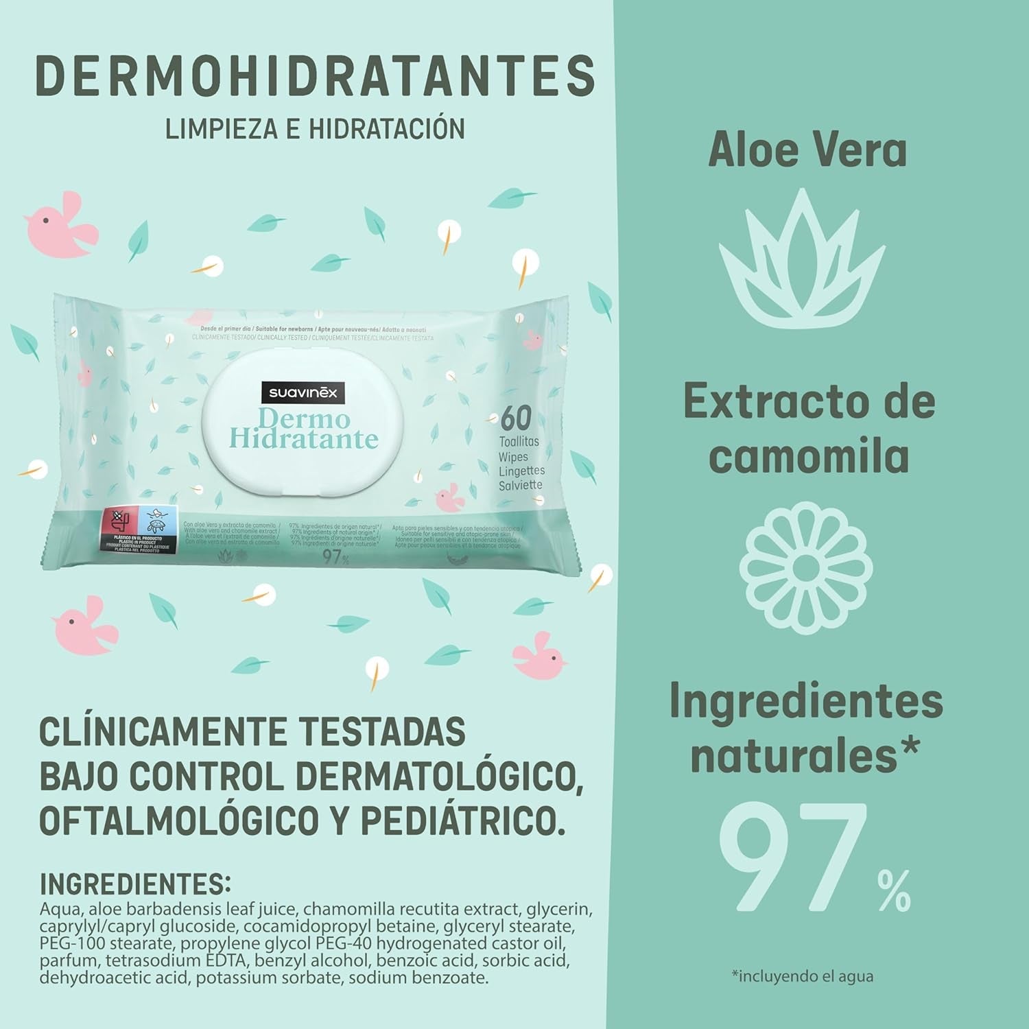 Suavinex 14 Pack de 60 Toallitas Húmedas para Bebé (840 Toallitas en Total), Hidratantes, Aptas para Pieles Atópicas, 95% Ingredientes Naturales
