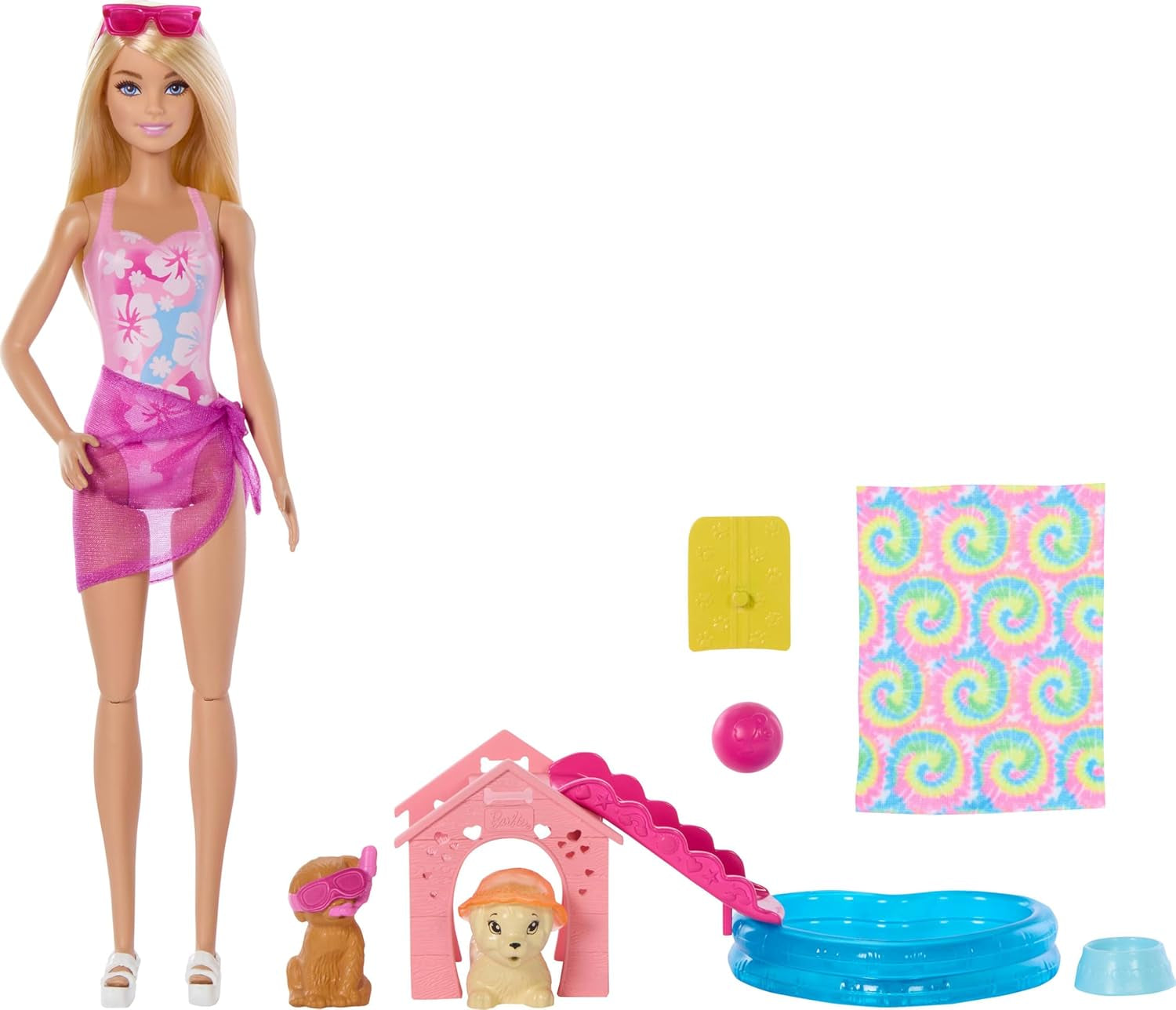 Barbie Puppy Pool Party Playset con muñeca de moda, casa para perros y tobogán, piscina con forma de corazón, 2 figuras de perros, 6 accesorios y cambiador de color, JBF35