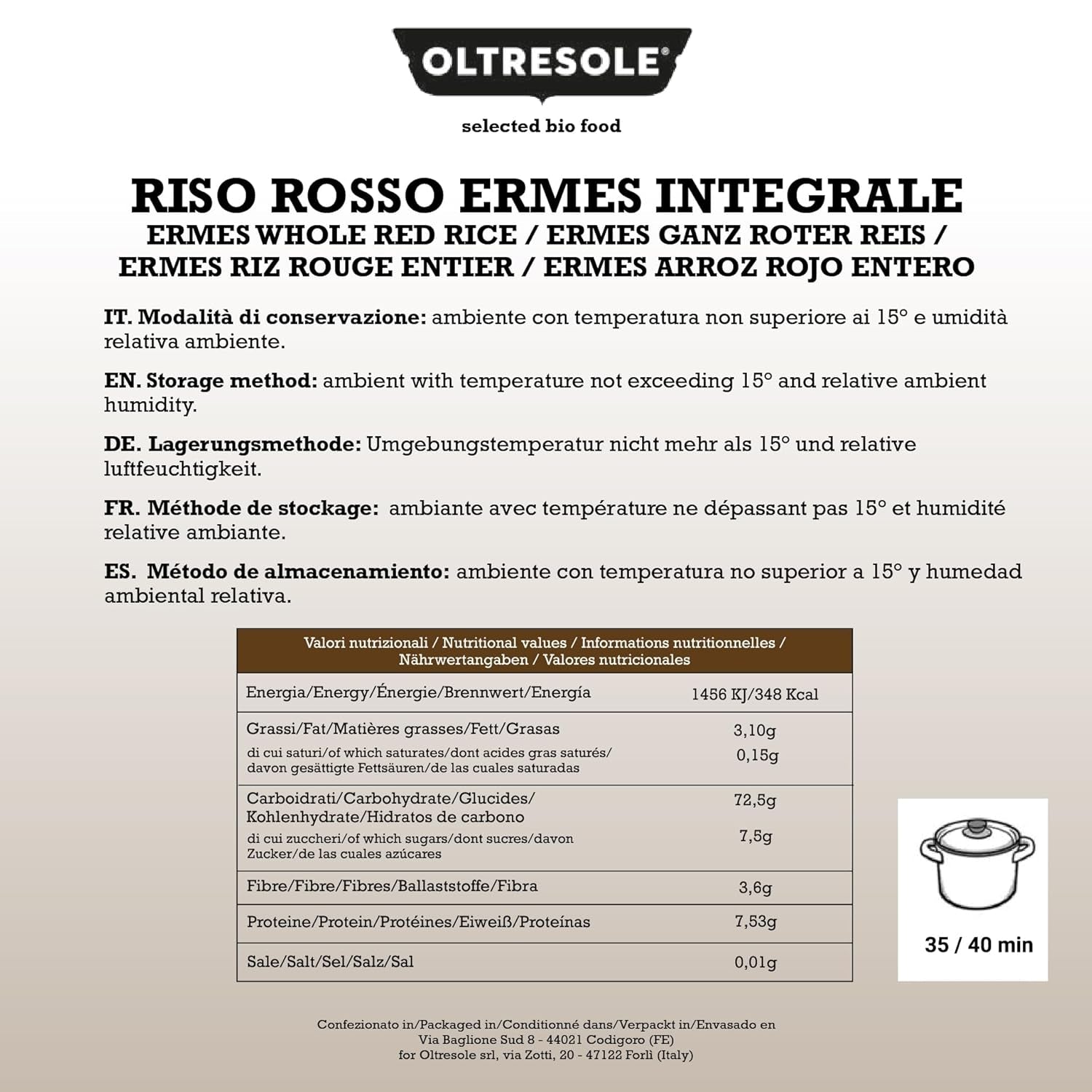 Arroz Italiano Integral, Arroz Sin Refinar Rico en Fibra, Ideal para Ensaladas de Arroz Creativas y Platos Saludables, Envasado al Vacío, 4 Paquetes x 500g
