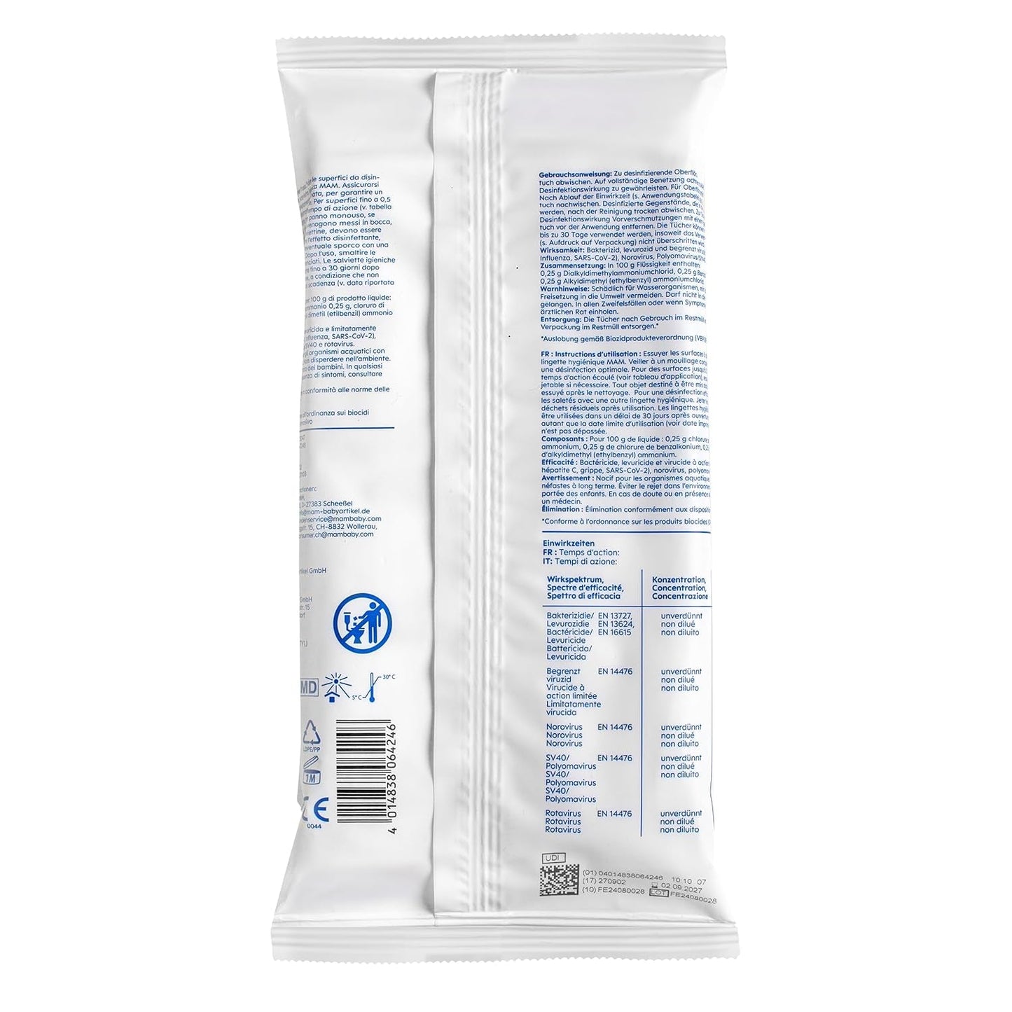 MAM Servilletas Sanitarias Paquete de 3 (3 x 24 Piezas), Toallitas de Limpieza para Dispositivos Médicos y Accesorios para Bebés, Servilletas Sanitarias Antibacterianas y Antivirus