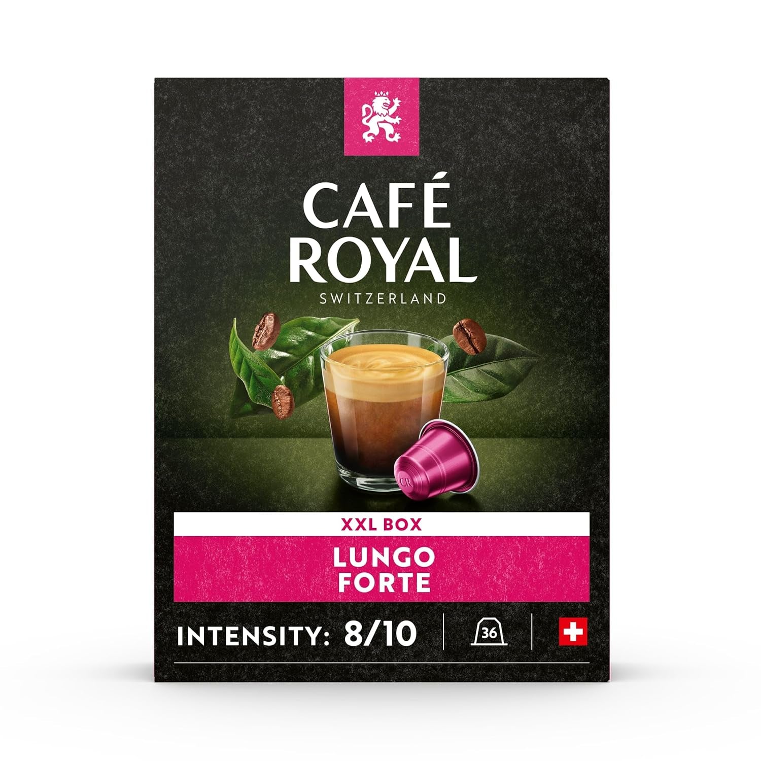 Café Royal Lungo Forte 36 cápsulas para cafetera Nespresso - Intensidad 8/10 - Cafeteras certificadas UTZ en aluminio (paquete con 2)