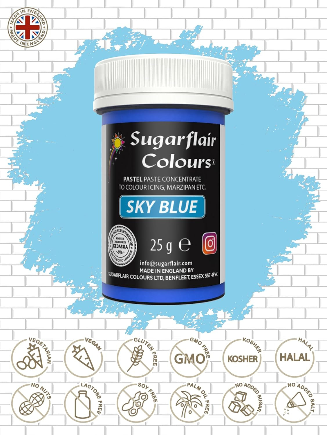 Colorante alimentario Sugarflair Paste Pastel Sky Blue, colorante alimentario para pasta, para fondant y mazapán, colores concentrados Spectral - 25 g
