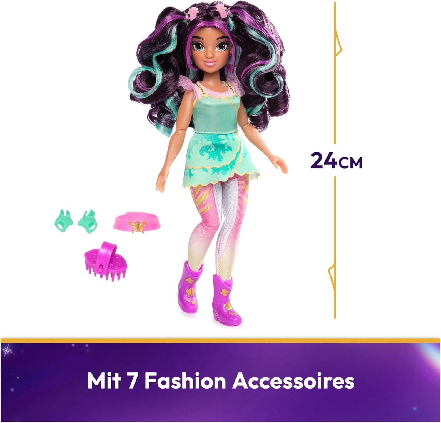 Unicorn Academy Ankleidepuppe Ava - la muñeca original para la popular serie Netflix, 24 cm grande y con 7 accesorios para juegos de rol fantásticos, para niños de 4 años
