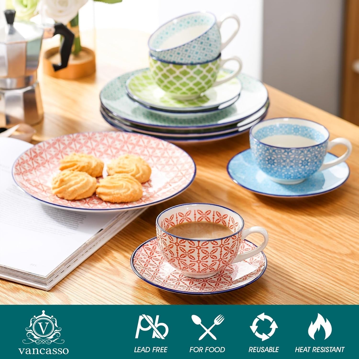 Vancasso Juego de café de Porcelana Macaron, 12 Piezas, Servicio de café Colorido para 4-12 Personas, Juego de Tazas, Incluye Tazas de café, platillos y Platos de Postre