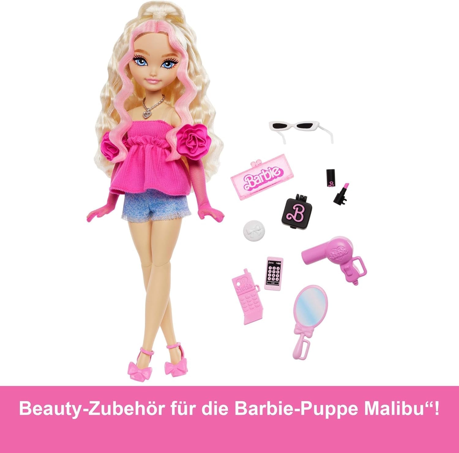Barbie Dream Besties Puppe and Accessoires, bewegliche Barbie Malibu“ Modepuppe mit welligem blondn Hair, 11 Teile zum Thema Make-up and Haare, HYC21