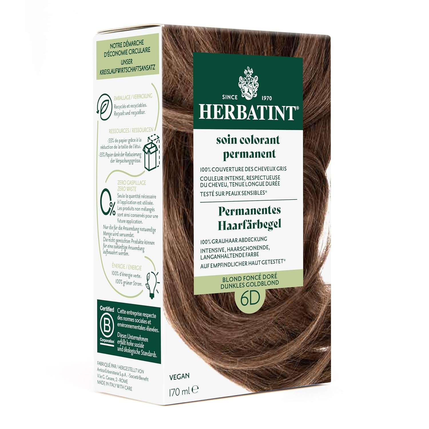 Tinte Permanente en Gel 6N Rubio Oscuro - 170ml I Sin amonia, cobertura 100% de las canas I Probado en pieles sensibles, con 8 extractos de plantas Naty Shop Tinte para el cabello 6D Rubio Oscuro Dorado
