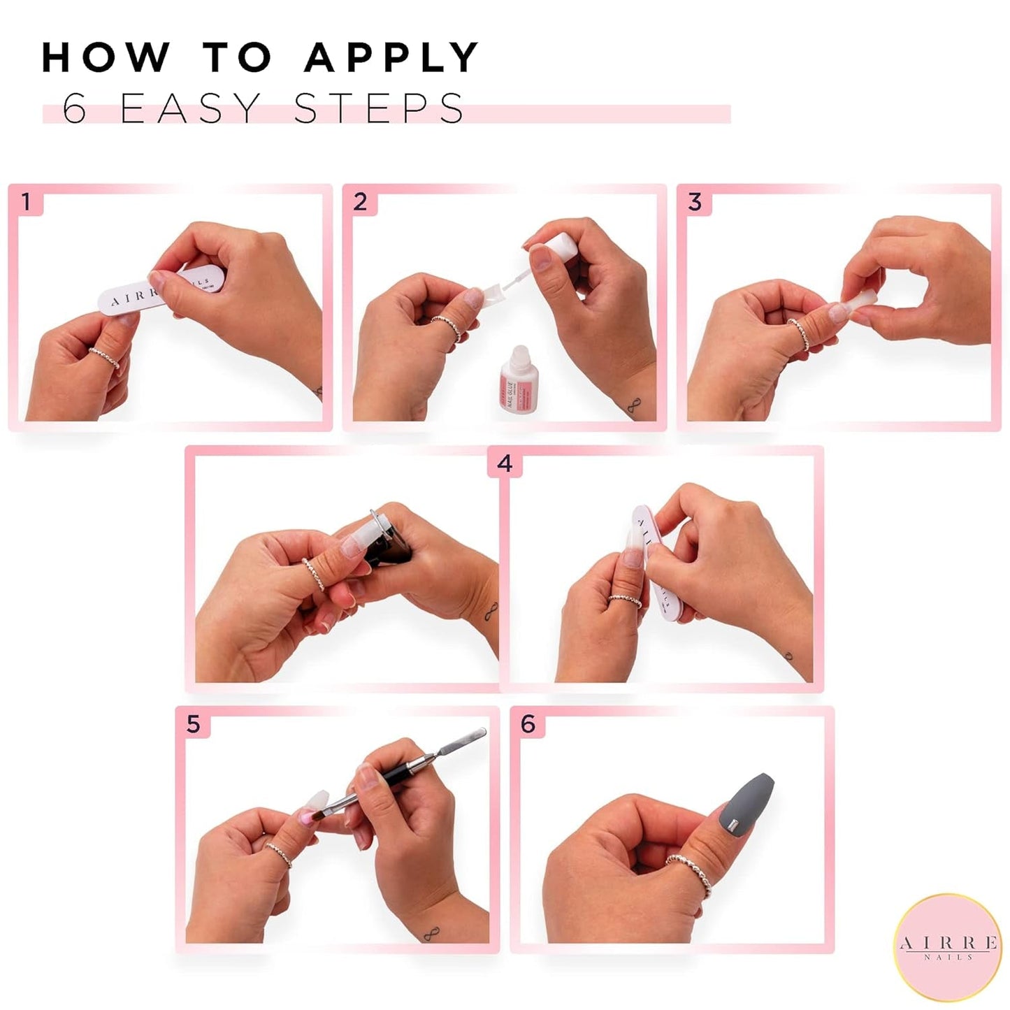 AIRRE 500 uñas de gel profesionales y 3 limas por caja - (10 tamaños) uñas postizas francesas de media luna, uso en salón y hogar, corte, limado y modelado, gel UV/LED, esmalte de uñas y arte de uñas (natural)