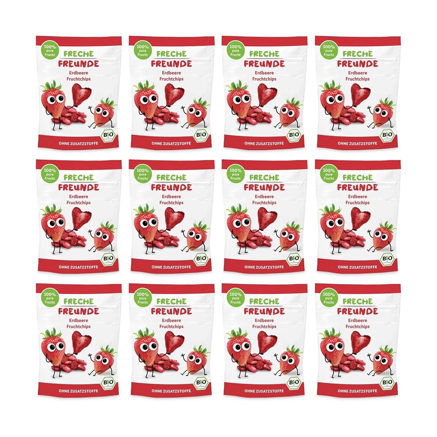 Chips de frutas orgánicas 100 % fresa Chips de fresa liofilizados, paquete de 12 (12 x 12 g) y bocadillos orgánicos para niños y bebés con corazones crujientes de plátano y fresa (9 x 30 g) 270 g