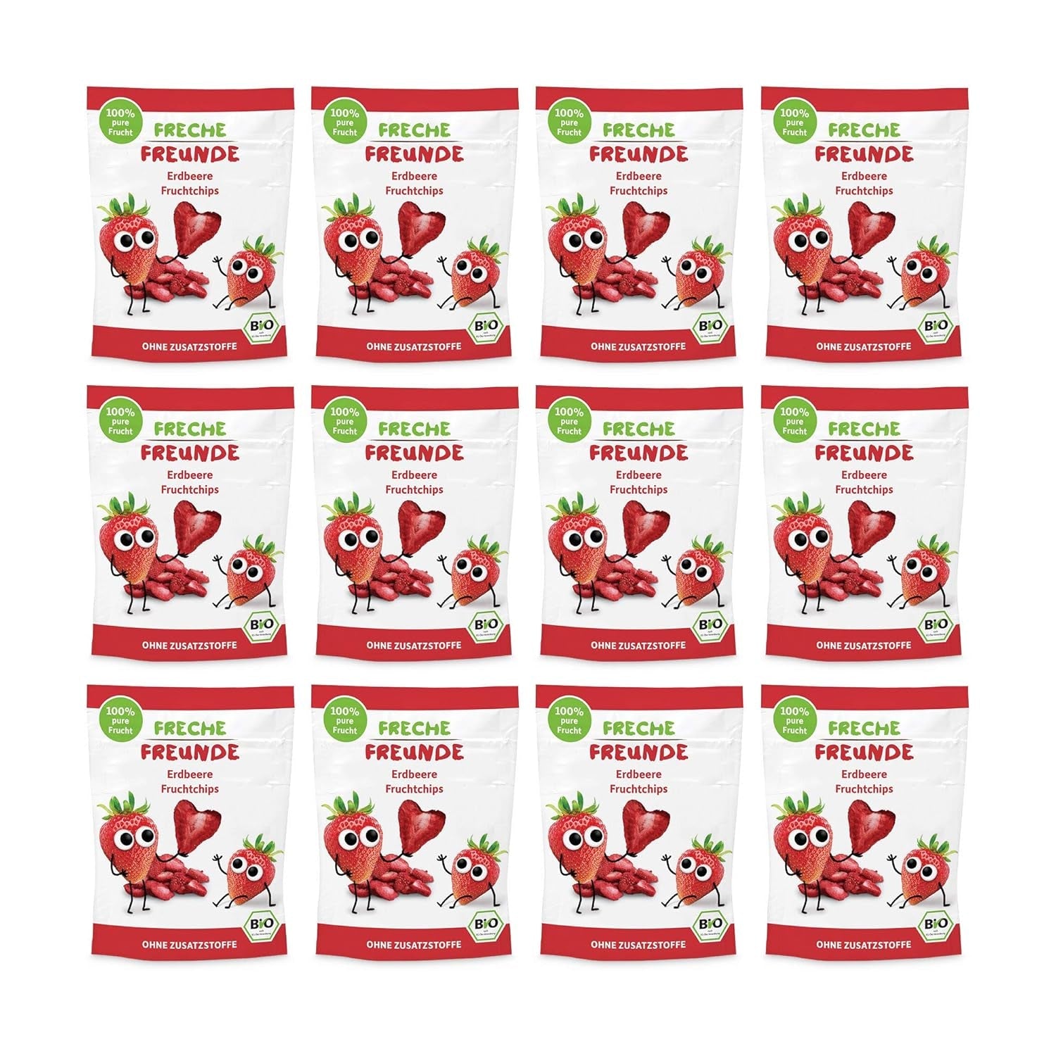 Chips de frutas orgánicas 100 % fresa Chips de fresa liofilizados, paquete de 12 (12 x 12 g) y bocadillos orgánicos para niños y bebés con corazones crujientes de plátano y fresa (9 x 30 g) 270 g