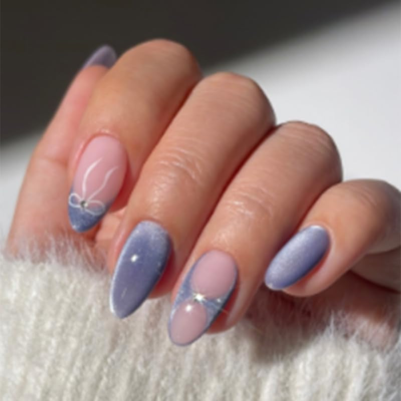 Moonglow Uñas Postizas Magnéticas Cortas, Rosa Almendra Rojo Degradado Brillo Ojo de Gato con Pegamento, Rosa Rojo Ombre Brillo Fototerapia Uñas Artificiales para Mujeres y Niñas